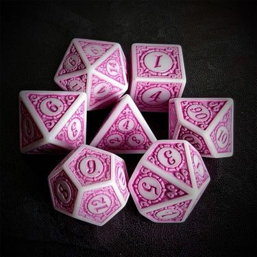 Pink Lattice on White Acrylic - 7pcs RPG Full Dice Set Top